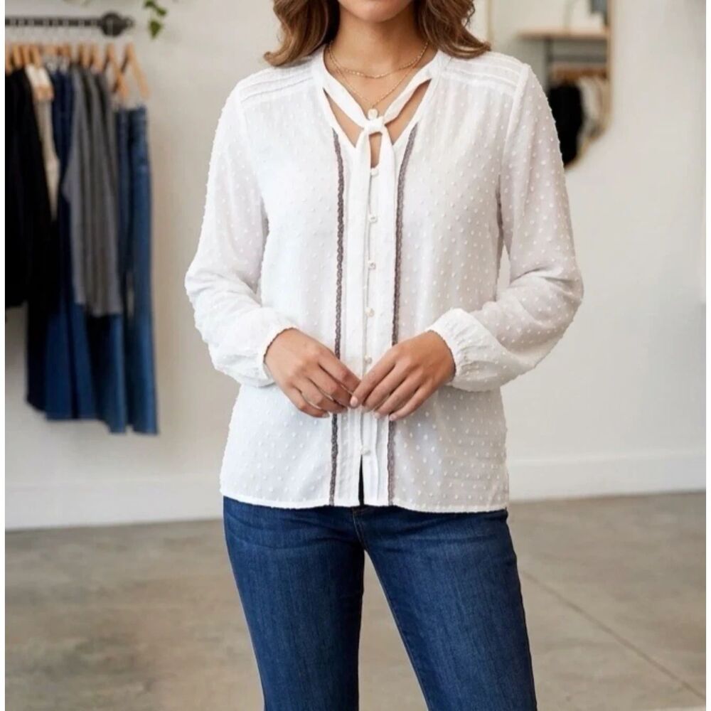 Matilda Jane Blouse Womans Sz L Cream Chiffon Swiss Dot Sheer Shirt Romantic